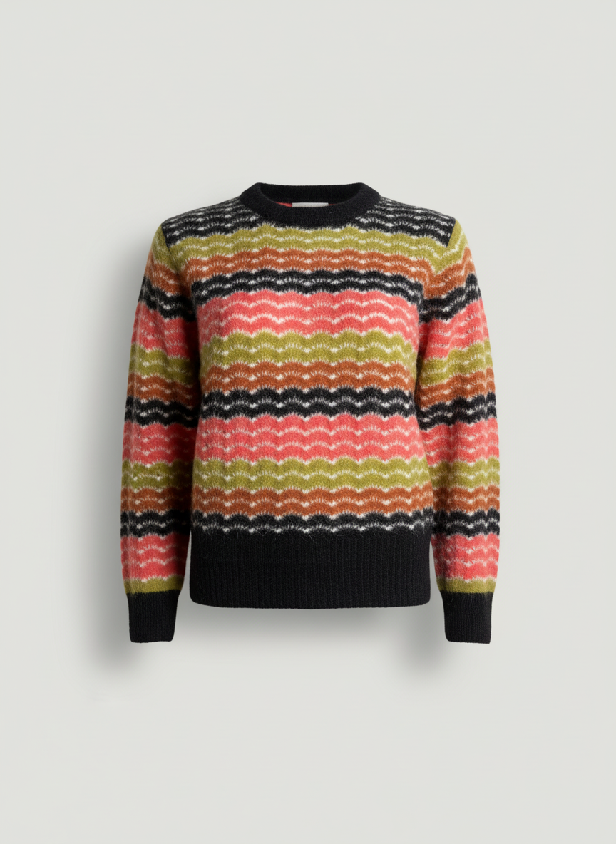 Women's Crew Neck Alpaca Sweater - Coral & Black