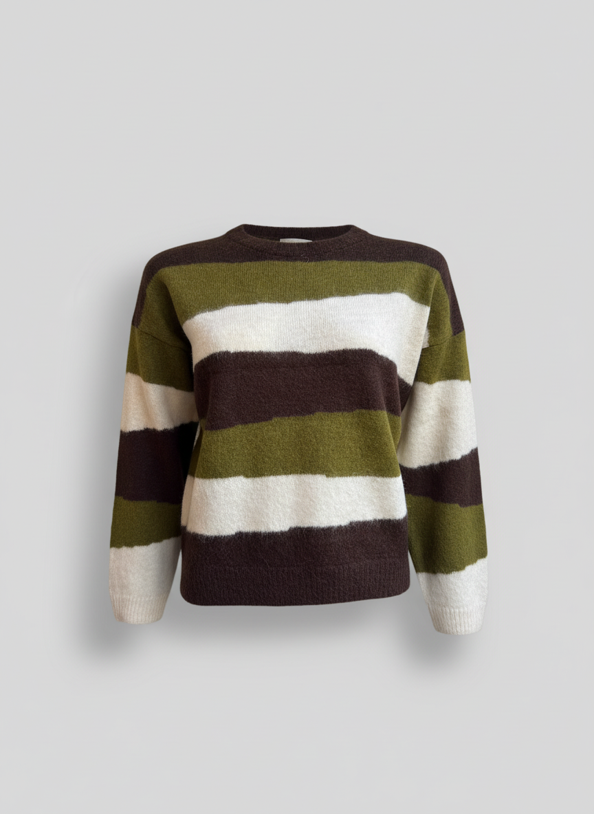 Women's Crew Neck Alpaca Sweater - Green & Brown