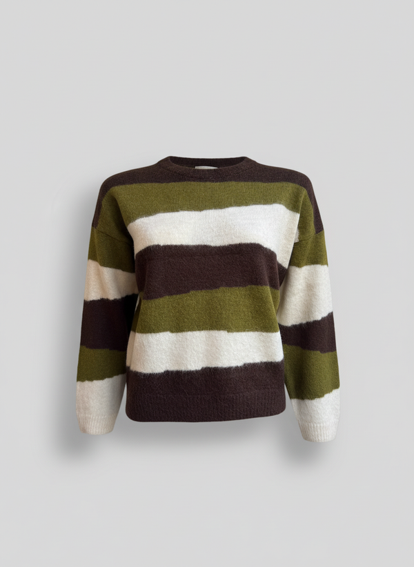 Women's Crew Neck Alpaca Sweater - Green & Brown