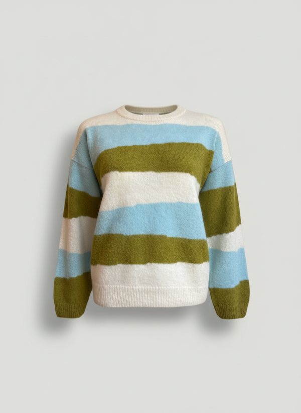 Women's Crew Neck Alpaca Sweater - Green & Light Blue