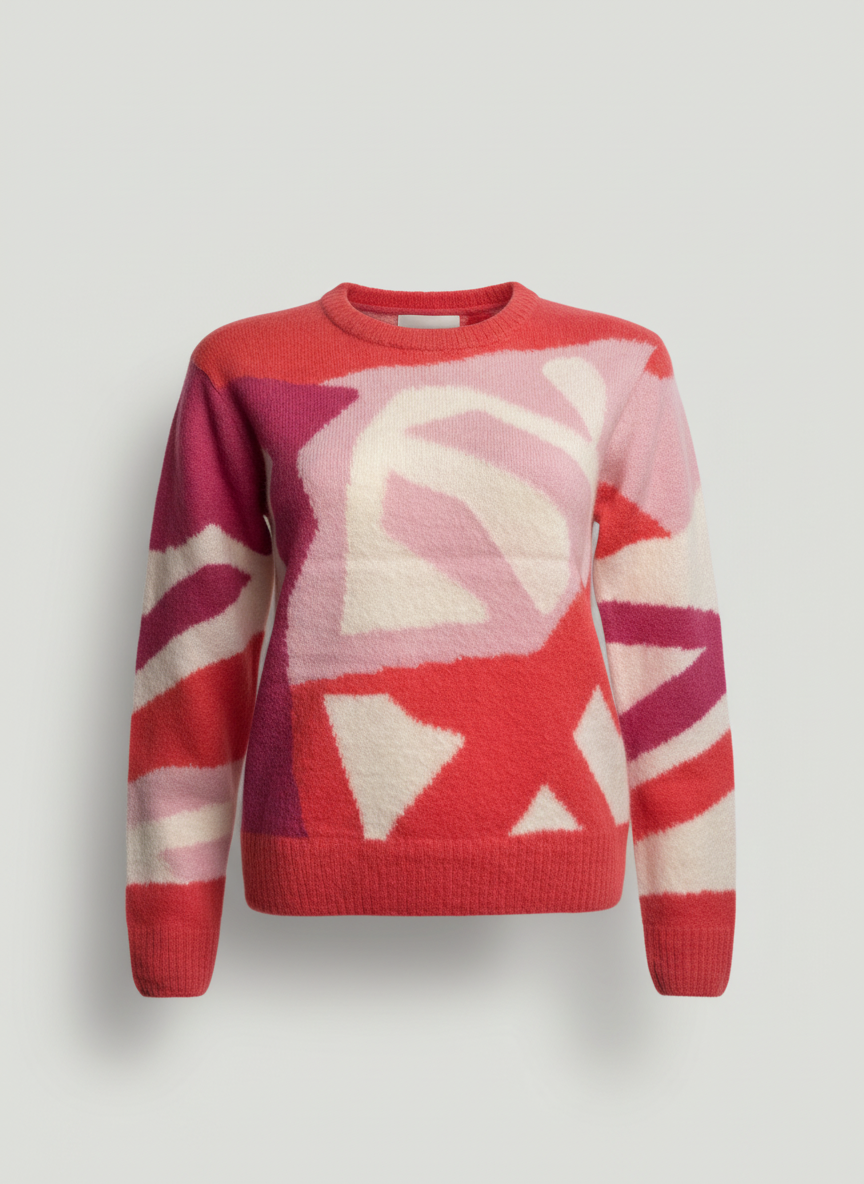 Women's Crew Neck Alpaca Sweater - Coral & Pink