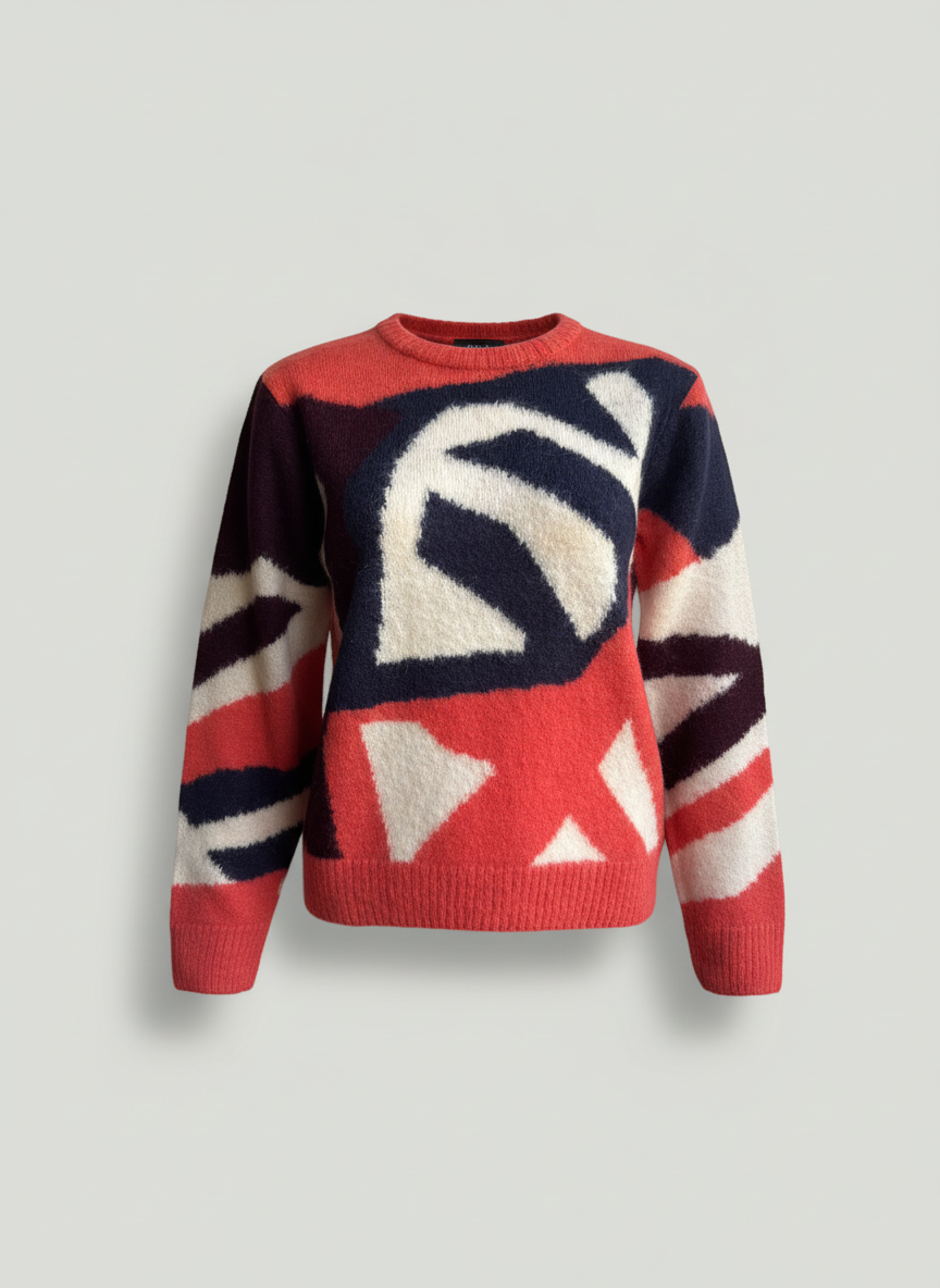 Women's Crew Neck Alpaca Sweater - Coral & Blue