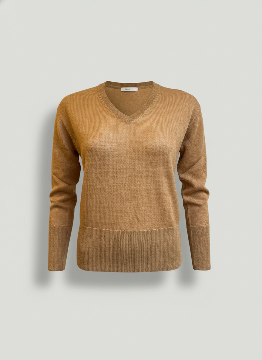 Women's V Neck Baby Alpaca Sweater - Camel