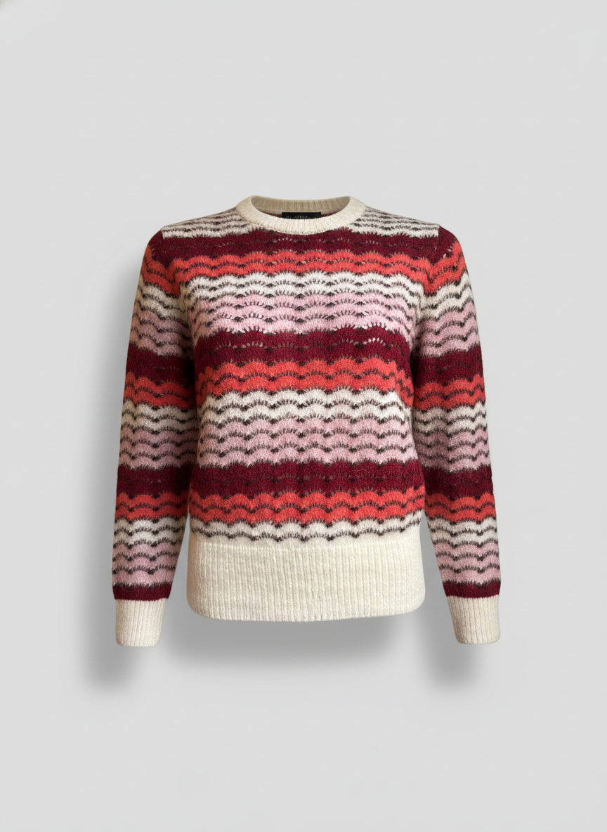 Women's Crew Neck Alpaca Sweater - Burgundy & Cream