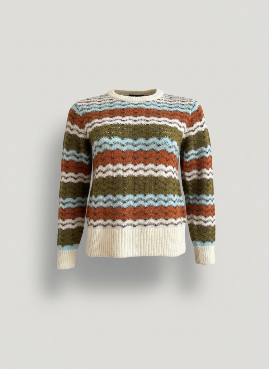 Women's Crew Neck Alpaca Sweater - Green & Brown
